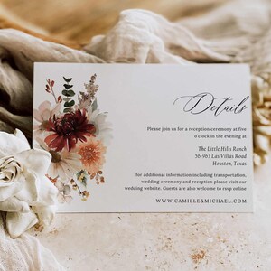 Fall Autumn Wedding Details Card, Burgundy Wedding Card Insert Card, Boho Wedding, Fall Boho Wedding Details Card, Editable TEMPLATE 0402