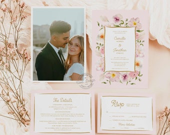 Dusty Pink Floral Wedding Set of 3, Detail and RSVP Card, Editable Wedding Suite, Wedding Invitation Set of 3  Bundle TEMPLATE WD 239