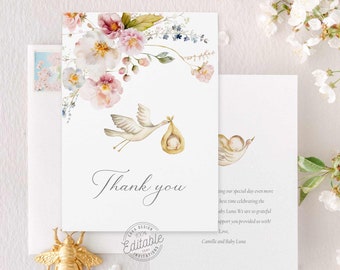 Boho Wildflower Baby Shower Thank you Card, Spring Floral Baby Shower, Girl Baby Shower Thank you card, Editable Template Download WD 229