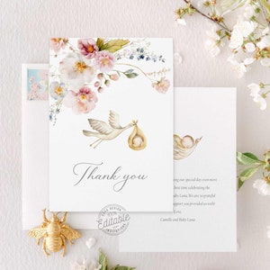 Biglietto di ringraziamento Boho per baby shower con fiori di campo, baby shower floreale primaverile, biglietto di ringraziamento per baby shower per ragazza, modello modificabile Scarica WD 229