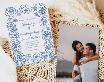 Hand Drawn Wedding Invitation, Whimsical Floral Wedding, Blue Floral Wedding Invitation, Elegant Invite, Invitation Template -  WD 0281