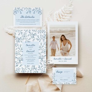 Floral Blue Wedding Invitation Bundle, Vintage Botanical Wedding Invitation Set, Classic Blue Wedding Invitation Bundle TEMPLATE WD 0276
