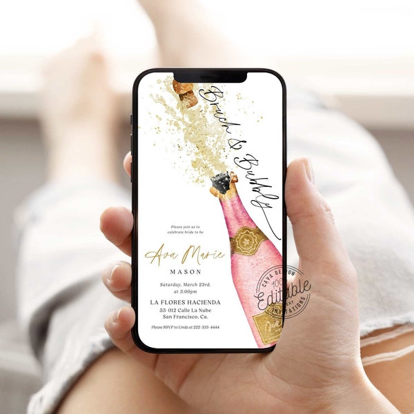 Brunch and Bubbly Electronic Invite, Pink and Gold Bridal Shower Mobile Invitation, Champagne Bridal Shower Text Invitation, WD 227