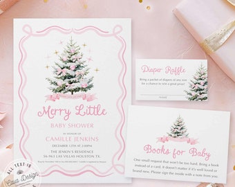 May include: A pink and white baby shower invitation featuring a snowy Christmas tree illustration. The invitation reads "Merry Little Baby Shower" in honour of Camille Jenkins. The event is scheduled for 12th December at 2:00 PM at The Jenkins' Residence in Las Villas, Houston, TX.