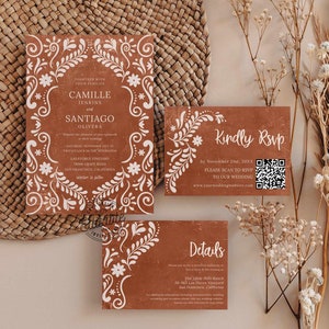 Ensemble modifiable de faire-part de mariage mexicain rustique | Faire-part de mariage Papel Picado en terre cuite | Modèle 0415 d'intercalaires de mariage personnalisables