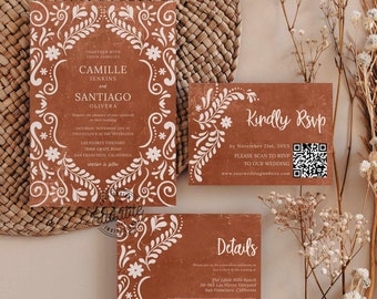 Editable Rustic Mexican Wedding Invitation Set | Terracotta Papel Picado Wedding Invite | Customizable Wedding Insert Cards Template 0415