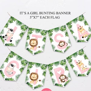 Safari It&#39;s a Girl Banner Printable, Jungle Bunting Girl Baby Shower Instant Download Banner, Safari Shower Party Decor Printable 0338SGL