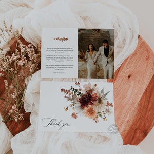 Plantilla de tarjeta de agradecimiento de boda en terracota bohemia, nota de tarjeta de agradecimiento bohemia, agradecimiento bohemio floral, tarjeta de agradecimiento editable, WD 0402