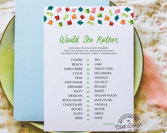 Fiesta Bridal Shower Game: Would She Rather Activity (5x7 Editable Template) 0230F