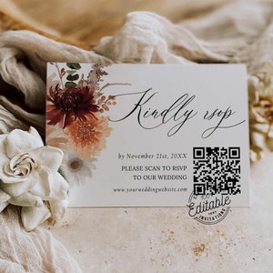 Boho Autumn Fall Wedding RSVP Card With QR Code, Online Rsvp, Wedding Qr Code Response Card, Wedding Reply Card, Rsvp Card Template WD 0402