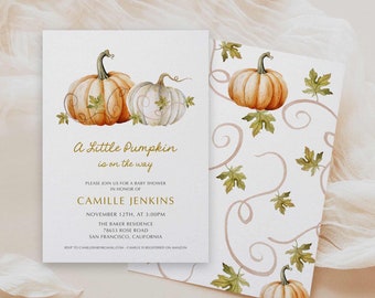 Puede incluir: Invitación a baby shower con calabazas en acuarela y follaje otoñal. La invitación dice "A Little Pumpkin is on the way" con detalles para el baby shower de Camille Jenkins, incluyendo fecha, hora y lugar en San Francisco.