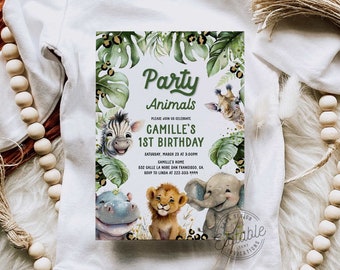 May include: A jungle-themed baby shower invitation with a green, leafy background and illustrations of a zebra, giraffe, lion, elephant, and hippopotamus. The text reads "Party Animals" and "Camille's 1st Birthday".