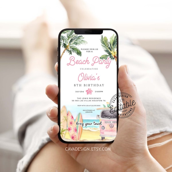 Girl Beach Birthday Party Evite, Girl Summer Party Smart phone Invitation, Girl Birthday Evite, Electronic Invitation, BSG_0293