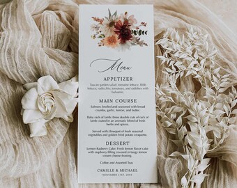 Burgundy Boho Floral Menu Cards Template, Boho Floral Reception Menu, Floral Menu Card, Burgundy Wedding, Single Menu Card TEMPLATE WD 0402