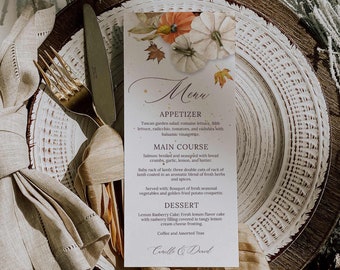Herbst Menükarte, Kürbis Hochzeitsmenükarte Vorlage, Rustikales Hochzeitsabendessen Menükarte Vorlage, Thanksgiving Abendessen Menü, Herbst Menükarte Vorlage 0299