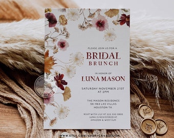 May include: A white invitation with a floral design in shades of pink, yellow, and brown. The invitation is for a bridal brunch in honour of Luna Mason on Saturday, November 21st at 2 PM at The Mason Residence, 56-963 Las Villas, Houston TX. RSVP with Lily at 222 333 0800. Luna is registered at Amazon & West Elm. www.etsy.com/shop/cava design