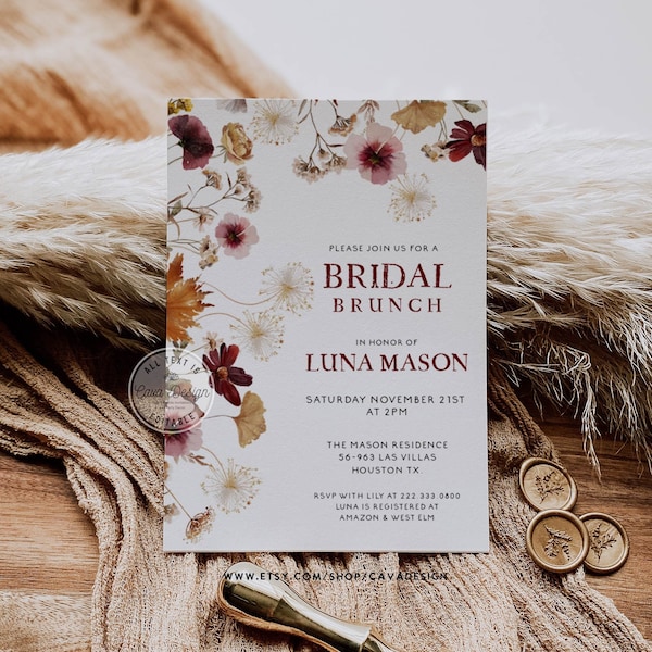 Rustic Fall Bridal Brunch Invitation Template, Autumn Bridal Shower Brunch Invite, Fall Wedding Shower Invitation Instant Download, WD 107