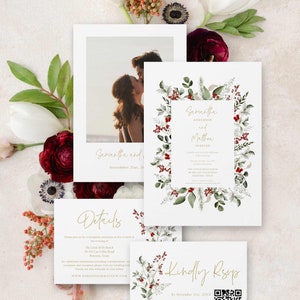 May include: A wedding invitation suite with a wintery floral design featuring red berries and green leaves. The invitation includes a photo of the couple, details about the wedding ceremony and reception, and a QR code for RSVP.