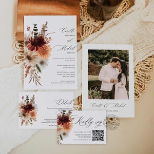 Terracotta Bohemian Wedding Invitation Set of 3, Boho RSVP Card, Fall Wedding Details Card,  Invitation Set of 3  Bundle, TEMPLATE WD 0402