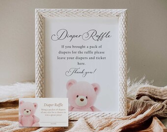 Diaper Raffle Sign and Ticket, Pink Bear Baby Shower Sign, Bear Diaper Raffle Card and Sign, Diaper Baby Shower Game Printable, WD 224-P