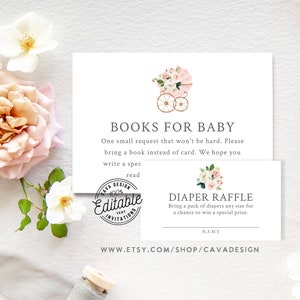 Rosa Blumen Mädchen Baby-Dusche-Windel-Verlosung und Buch-Anfrage, Garten-Baby-Dusche-Windel-Verlosung, EDITIERBARE Instant Download 0350GR