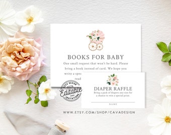 Puede incluir: Una invitación imprimible para una fiesta de bienvenida al bebé con un cochecito rosa y dorado y detalles florales. El texto dice "Libros para el bebé" y "Una pequeña petición que no será difícil. Por favor, trae un libro en lugar de una tarjeta. Esperamos que escribas una lectura especial". También hay una tarjeta imprimible separada que dice "Rifa de pañales" y "Trae un paquete de pañales de cualquier tamaño para tener la oportunidad de ganar un premio especial."