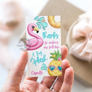 Editable Pink Flamingo 1st Birthday Thank You Tag, Girl Pool Birthday Printable Favor Tag, Summer Beach Party Favor Tag Printable, WD 215