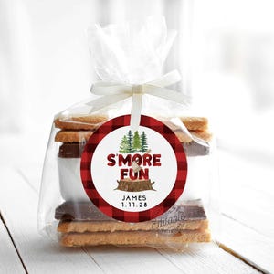 Editable Lumberjack Birthday Smore Tags, Winter Birthday Round Tags, Camping Birthday Favor Tags Printable, Favor Tag Template, 0240