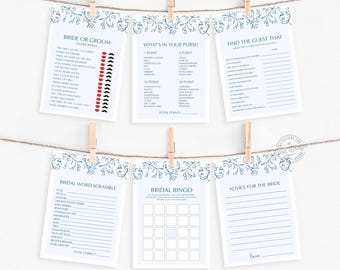 May include: Twelve printable baby shower game cards with blue floral designs. The games include "Bride or Groom", "What's in Your Purse", "Find the Guest That", "Bridal Word Scramble", "Bridal Bingo", and "Advice for the Bride".