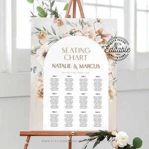 Plantilla de tabla de asientos de boda Boho, tabla de mesa de boda botánica Boho, cartel de asientos de boda imprimible, plantilla EDITABLE, 111B