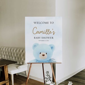 Bear Baby Shower Welcome Sign, Blue Bear Editable Welcome Sign, Boy Baby Shower Welcome Poster, Printable Welcome Signage Download WD 224-BT