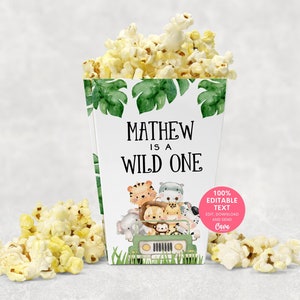 Safari Wild One Popcorn Box Printable, Jungle Theme Popcorn Box Download, 238G
