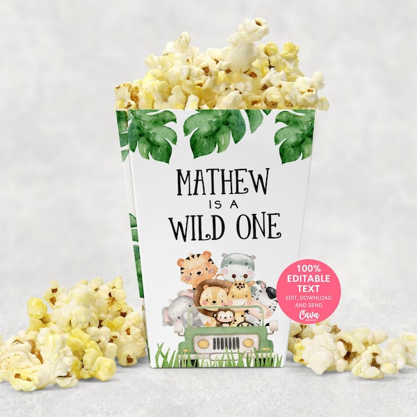 Safari Wild One Popcorn Box Printable, Jungle Theme Popcorn Box Download, WOB238