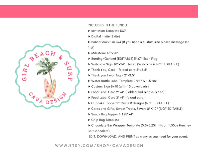 Girl Beach Birthday Party Invitation Bundle, Girl Summer Birthday Invitation Set, Birthday Milestone, Editable Printable Templates, BSG 0293 image 2