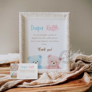 Sinal e bilhete para sorteio de fraldas com revelação de gênero, sinal e sinal para chá de bebê com balão de ar quente de urso, cartão e sinal para sorteio de fraldas de urso rosa e azul, WD 224-PB