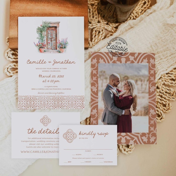 Destination Wedding Invitation Set, Mexico Photo Wedding Invite, Rustic Wedding Invitation, Boho Wedding Invitation Instant Download WED 268