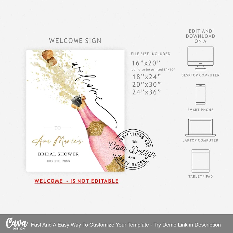May include: A white welcome sign with a pink champagne bottle illustration. The sign includes the text "Welcome" in cursive, along with details for a bridal shower. File sizes include 16"x20", 18"x24", 20"x30", and 24"x36".