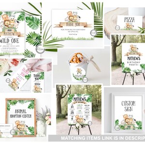 May include: A set of printable party decorations featuring a jungle theme with cute animal illustrations. The set includes a welcome sign, a thank you card, a pizza sign, a birthday invitation, and a sign for an animal adoption center. The colors are green, brown, and pink.