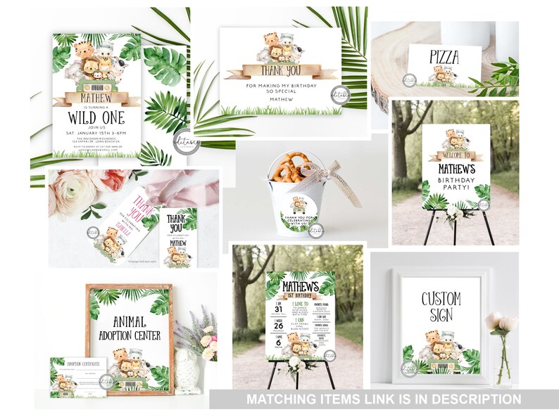 May include: A set of printable party decorations featuring a jungle theme with cute animal illustrations. The set includes a welcome sign, a thank you card, a pizza sign, a birthday invitation, and a sign for an animal adoption center. The colors are green, brown, and pink.