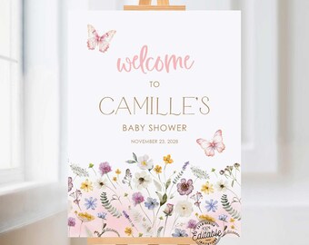 Może przedstawiać: Witamy na Baby Shower Camille, znak z różowo-białym wzorem kwiatowym i motylami. Data to 23 listopada 2028.