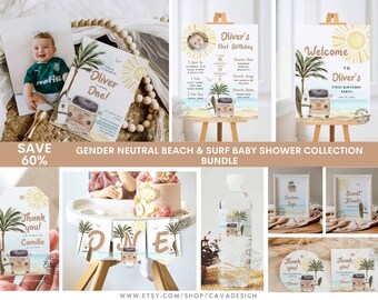 Gender Neutral Beach First Birthday Invitation Bundle | Boho Beach Birthday Party | Boy Surfing Birthday Editable Invite | 0293GN