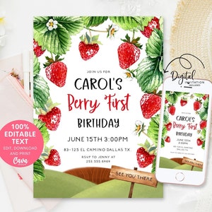 Strawberry First Birthday Invitation Template, Summer Birthday Invitation, Strawberry Birthday Invite, Editable Printable 0335