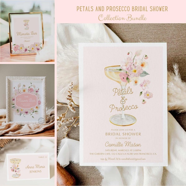 Petals and Prosecco Bridal Shower Collection, Champagne Bridal Shower Invitation, Blush Bridal Shower, Garden Bridal Shower Bundle, WD 239