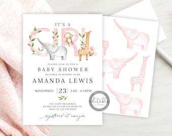 Puede incluir: Una invitación de baby shower rosa y blanca con una ilustración de acuarela de una jirafa, un elefante y un mono. El texto dice "Es una niña" e incluye el nombre Amanda Lewis, la fecha 23 de noviembre y la hora de 2:00 PM a 6:30 PM. La invitación también incluye la ubicación, The Hope Residence, 56-963 Las Villas Houston TX, y el número de RSVP 222.333.0800. La invitación también incluye el texto "registrado en amazon".
