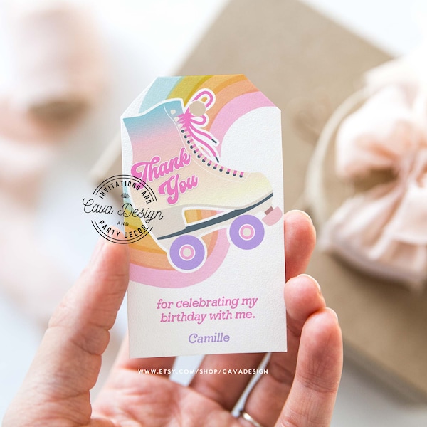 Roller Skating Birthday Favor Tag Template, Printable Skating Party Favor Tag, Pink Girl Birthday Gift Tags, Editable Template, WD 0213