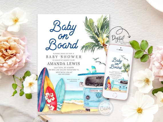 Editable Baby on Board Beach Invitation, Summer Beach Baby Shower  Invitation, Surf Theme Baby Shower Invite, Invitation Template, BSB_0293 