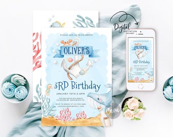May include: A blue and white invitation for a 3rd birthday party with an anchor, seahorse, whale, and coral reef. The invitation says "Please join us to celebrate Oliver's 3rd Birthday" and includes the date, time, and location of the party.