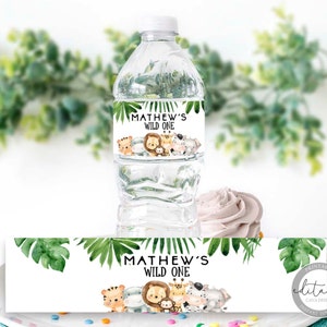 Safari Wild One Water Bottle Label Template, Jungle Birthday themed Water Bottle Printable Label, Personalized Water Label, WOB238