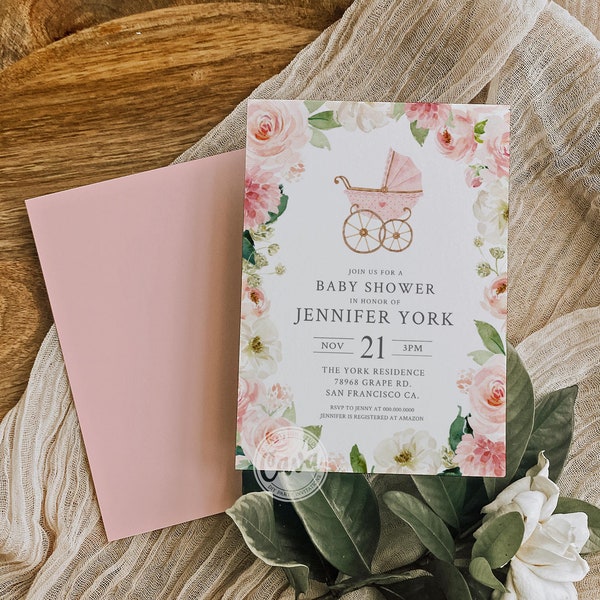 Garden Girl Baby Shower Invitation, Pink Floral Baby Shower Invitation Template, Spring Baby Shower Invite, Digital Download 0350GR