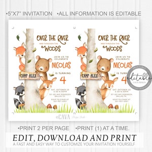 May include: Printable 5x7 inch invitation for a 4th birthday party with a woodland theme. The invitation features a watercolor illustration of a forest scene with a bear, deer, raccoon, and fox. The text reads "Over the River and Through the Woods" and "Join us to Celebrate Nicolas is turning 4".